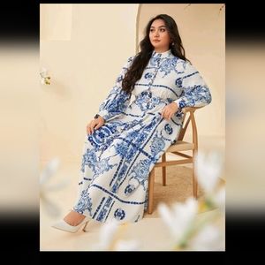 SHEIN Plus Single Breasted Baroque Print Shirt Dress